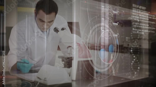 Scientist leaning into microscope, adjusting focus and writing notes while AR HUD guiding analysis