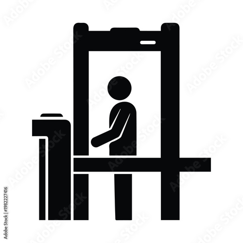 Person passing through metal detector gate for security screening at airport terminal icon in black silhouette