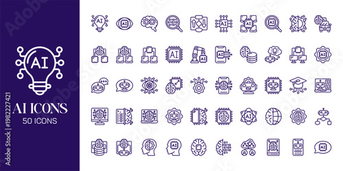 Artificial Intelligence Icon Set with AI Brain, Machine Learning, Robot, Data Network and Futuristic Technology Vector Collection