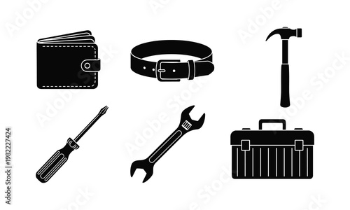 Toolbox and repair equipment set featuring belt wallet hammer wrench and screwdriver kit.