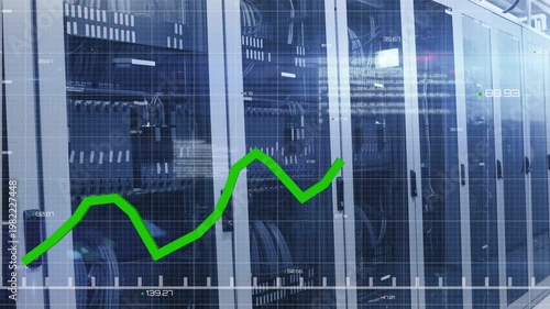 Server racks in DC while overlay drawing green trace across timeline as metrics updating
