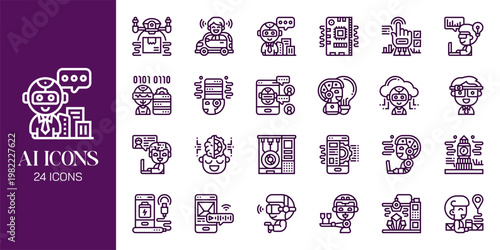 Artificial Intelligence Icon Set with AI Brain, Machine Learning, Robot, Data Network and Futuristic Technology Vector Collection