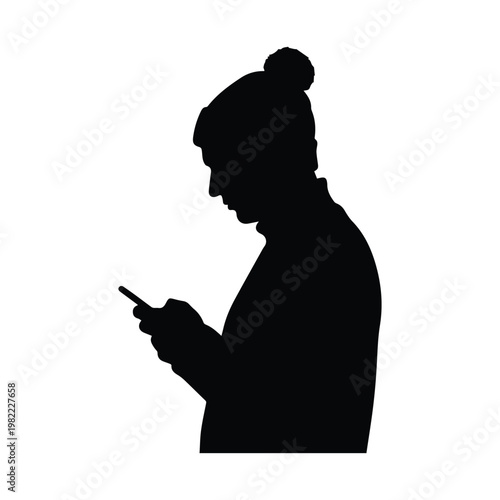 Person wearing winter beanie hat using smartphone silhouette vector for modern mobile communication