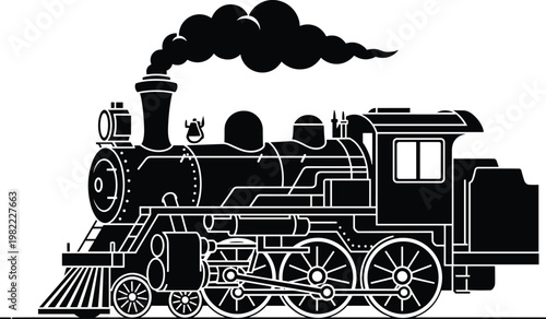 Steam locomotive silhouette vector vintage train engine railway transport black illustration classic industrial rail travel retro detailed design