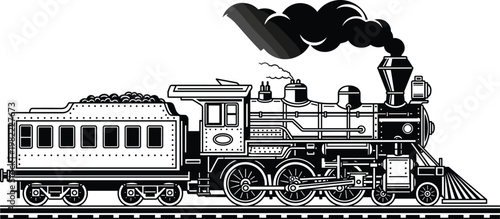 Steam locomotive vintage black white vector illustration retro train engine rail transport classic industrial railway travel engraving style detailed monochrome