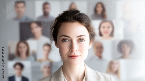 Approachable businesswoman in office meeting with team network background