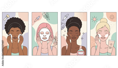 Skin cycling method illustration with diverse women applying skincare products step by step routine facial care beauty concept in flat modern style