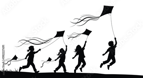 A group of children are running and flying kites