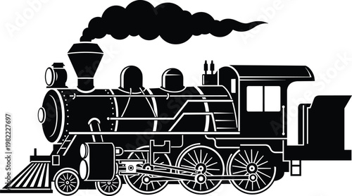 Vintage steam locomotive vector silhouette classic train engine railway transport retro industrial black illustration rail travel detailed design