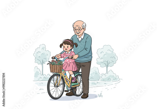 Grandfather Teaching Granddaughter to Ride Bicycle Outdoors.