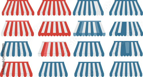 Set of striped shop awnings in red and blue colors, storefront canopy collection, market stall covers, retail exterior design vector illustration