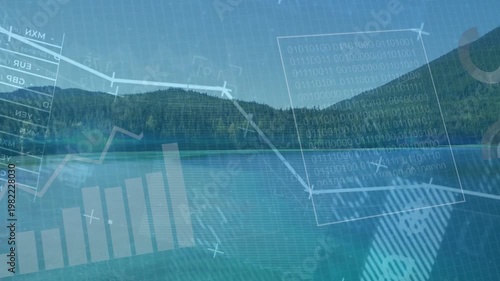 Scenic alpine lake displaying rotating pie charts and rising bars as data collection starting