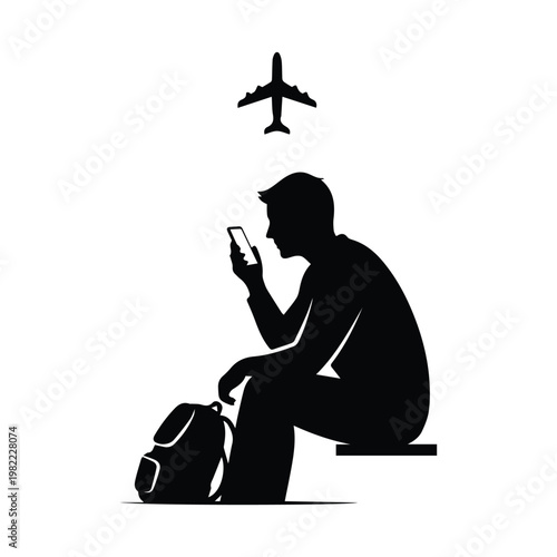 Quadro em tela Traveler sitting with smartphone and backpack at airport terminal waiting for fl