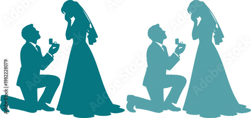 Teal silhouettes of men proposing to women proposal marriage engagement