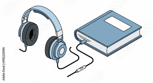 Isometric Illustration of Headphones Connected to a Book Representing Audiobook Concept