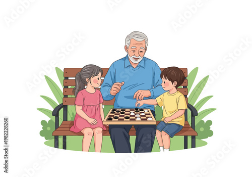 Grandfather and grandchildren playing checkers on a park bench.
