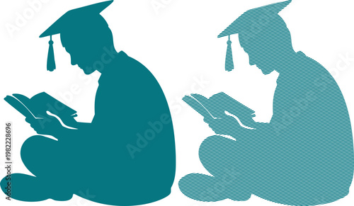 Teal silhouettes of graduates reading books graduation student
