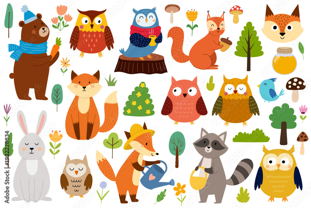 Obraz premium Amazing forest animals collection. Cute woodland characters clipart set in cartoon style. Bear, owl, fox, squirrel and more. Vector illustration