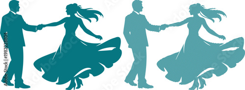 Teal silhouettes of dancing couples in formal attire dance