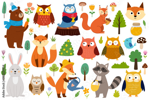 Amazing forest animals collection. Cute woodland characters clipart set in cartoon style. Bear, owl, fox, squirrel and more. Vector illustration