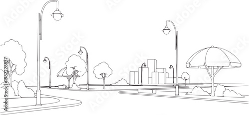 City park scene with streetlights trees buildings and umbrella structure