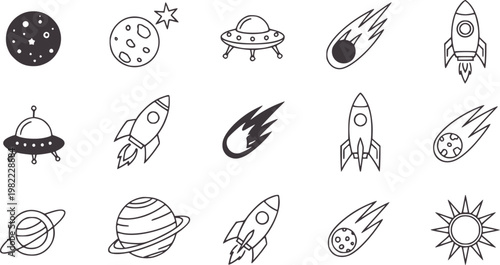 Collection of cartoon space featuring planets rockets and U F Os comet