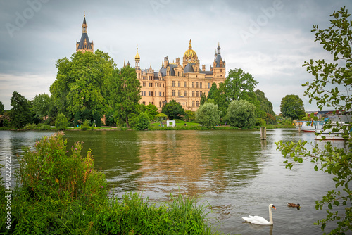 Schwerin Castle on Lake Schwerin with Swan, Mecklenburg-Vorpommern, Germany