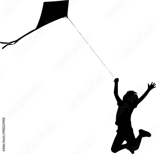 Child Flying Kite Silhouette, Kid Jumping for Joy with Kite, Summer Outdoor Activity and Childhood Imagination Concept, Freedom and Play Vector Illustration