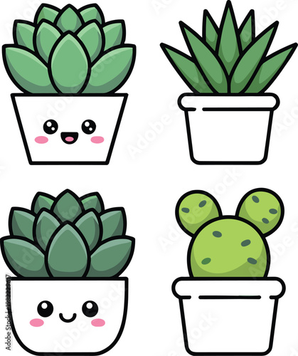Set of cute kawaii succulent and cactus plants in white pots with happy smiling faces for home garden decor and botanical character design vector illustration.