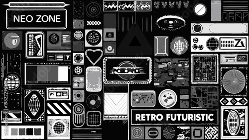 Abstract collage of geometric shapes futuristic text and technological elements