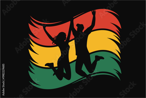 Joyful jumping silhouette of couple with colorful tricolor wave background representing happiness freedom music festival and vibrant energy