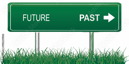 A green road sign points toward the past contrasting with the future