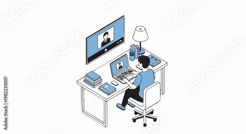 Isometric Illustration of Remote Work and E-learning Concept with a Man at a Desk Using a Laptop for Video Conferencing in a Home Office