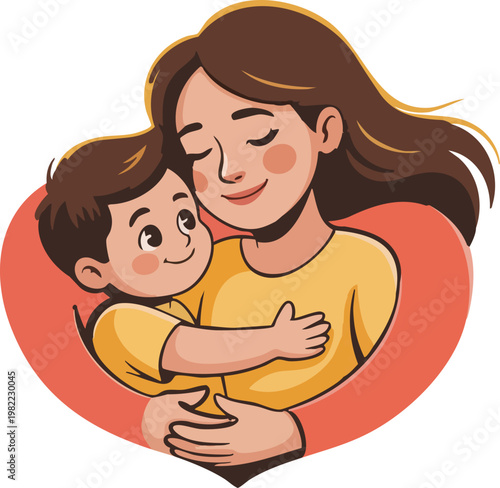 Mother and son hugging with heart background vector illustration  poster, T-Shirt Design, Apparel and Print-on-Demand