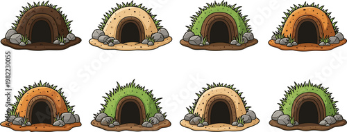 Set of underground animal burrows and holes, forest ground habitats, wildlife shelter entrances, nature vector illustration collection