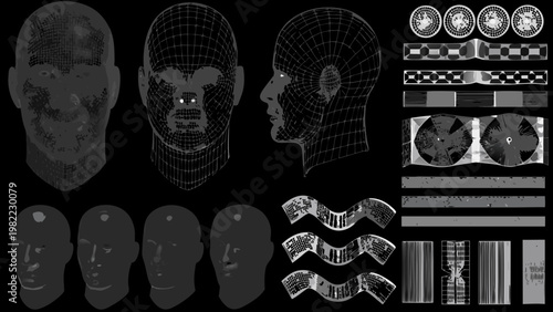 Digital rendering of human heads and associated design elements