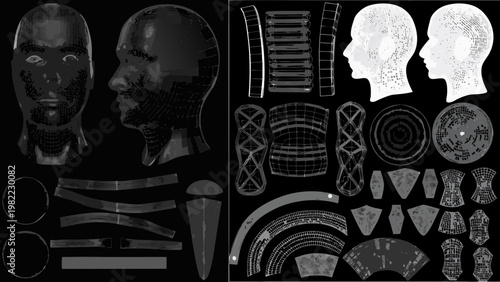Collage of african masks head profiles and disassembled facial components