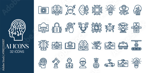 Artificial Intelligence Icon Set with AI Brain, Machine Learning, Robot, Data Network and Futuristic Technology Vector Collection