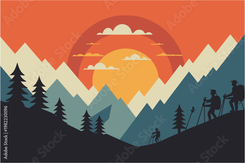 Multiple hikers silhouettes climbing steep mountain slopes during sunset with big sun background and pine forest trees outdoor adventure