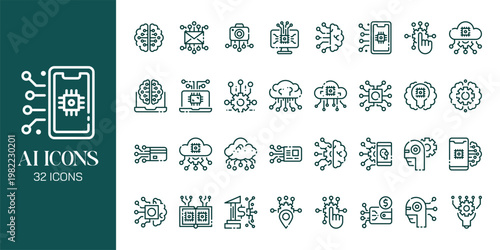 Artificial Intelligence Icon Set with AI Brain, Machine Learning, Robot, Data Network and Futuristic Technology Vector Collection