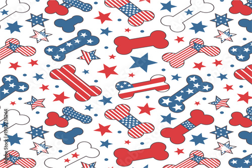 Patriotic dog bone pattern featuring american flag elements stars and stripes on gray transparent background for pet supplies and decor