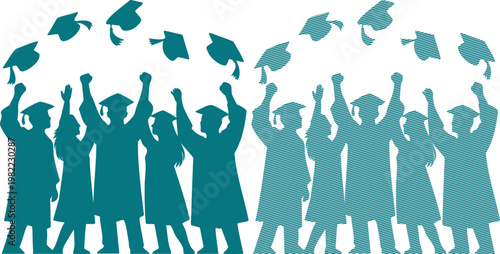 Teal silhouettes of graduates tossing caps in celebration graduation