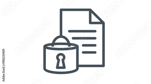 Confidential document security vector icon featuring a paper file protected by a sturdy padlock symbol, representing data privacy, encryption, and secure information storage illustration.