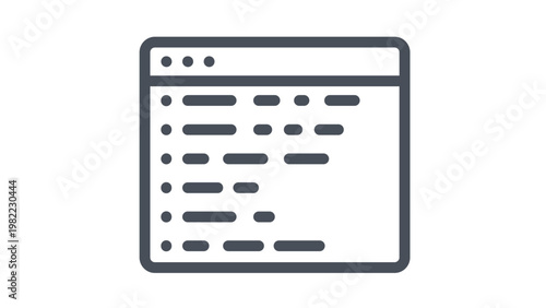 Minimalist black vector icon of a web browser window containing lines of code, symbolizing software development, web programming, application coding, and digital interface design on white background.