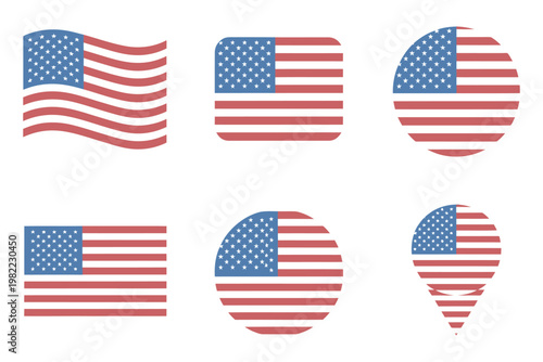 Set of american flag icons in various shapes including waving rectangular circular and location pin forms on transparent background grid