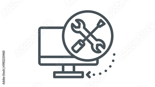 Quadro su tela Minimalist black vector icon illustration of a computer monitor with crossed wrench and screwdriver tools in a circle, symbolizing technical support, IT maintenance, and hardware repair services