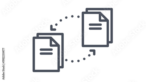Black vector icon of two document stacks connected by circular dotted arrows, representing data transfer, file sharing, synchronization, or backup processes. Minimalist flat design illustration.