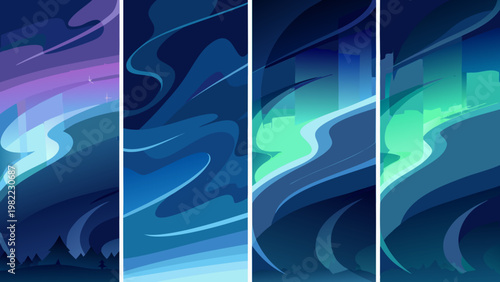 Abstract aurora borealis landscape with vibrant blue green and purple hues