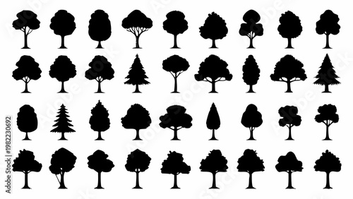 Collection of various silhouetted trees in a grid arrangement