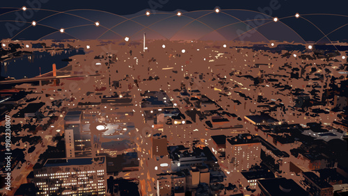 An aerial view of a city at night illuminated by streetlights and connections